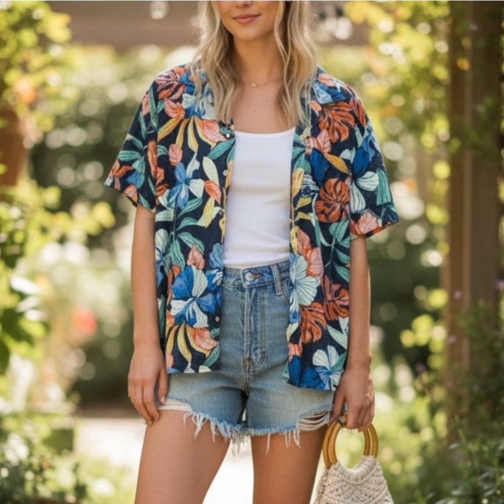 Tommy Bahama Blue and Orange Floral Button-Down Shirt